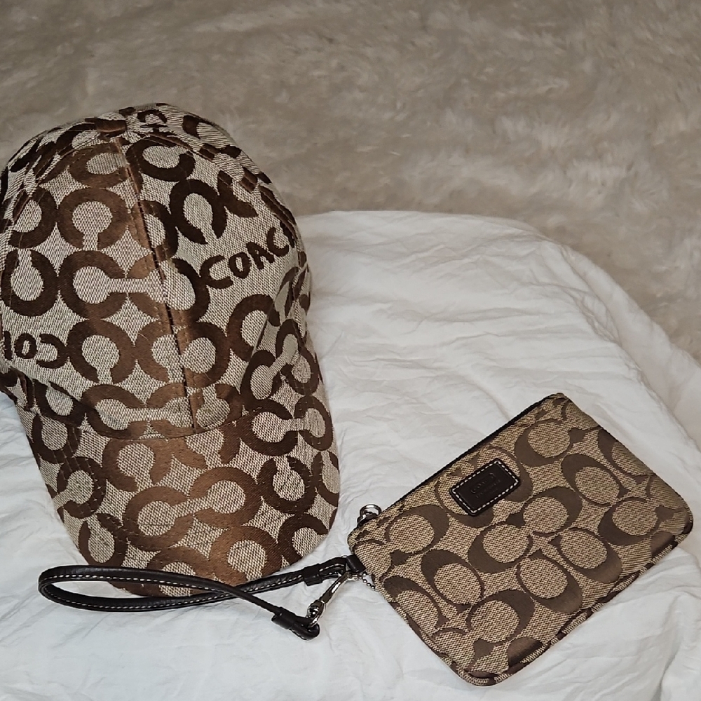 Coach Tan and Brown Monogram Cap and Wristlet